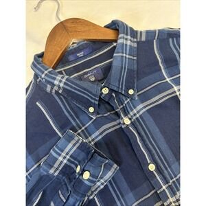 GANT Indigo Fitted Blue Checked Twill‎ Button Down Long Sleeve Men's Size 3XL